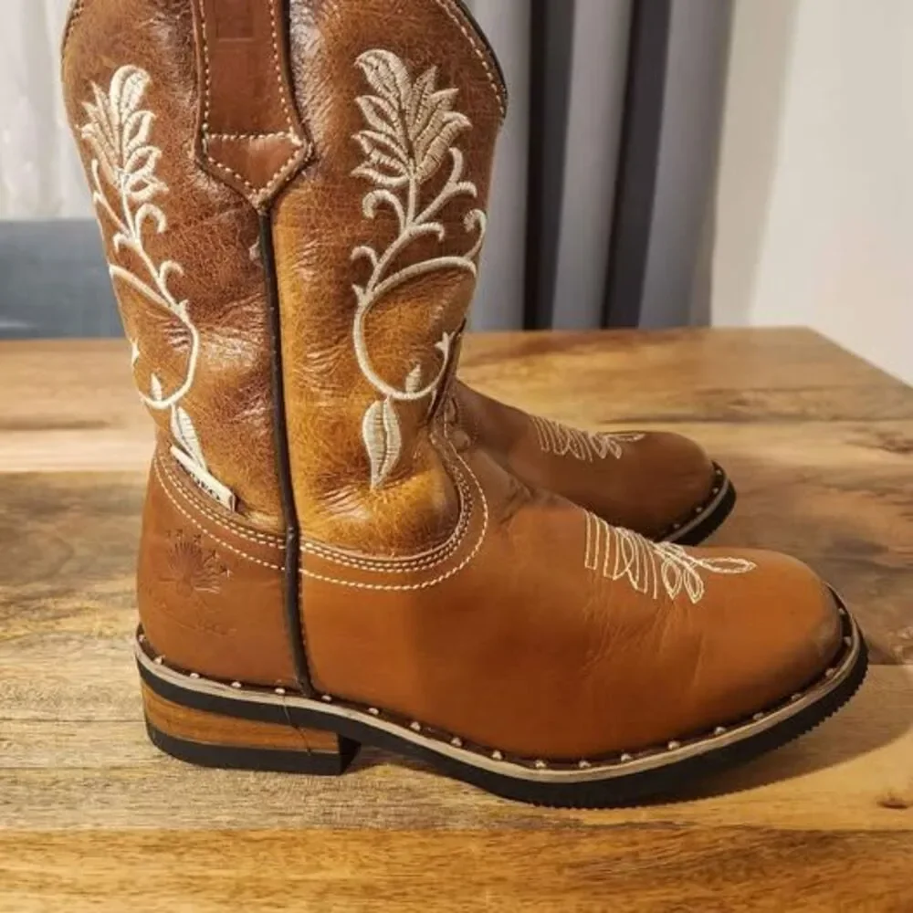 Brown Square Toe Real Leather Cowboy Boots from Zacatecas Size 20.5 MX 1.5 Kids